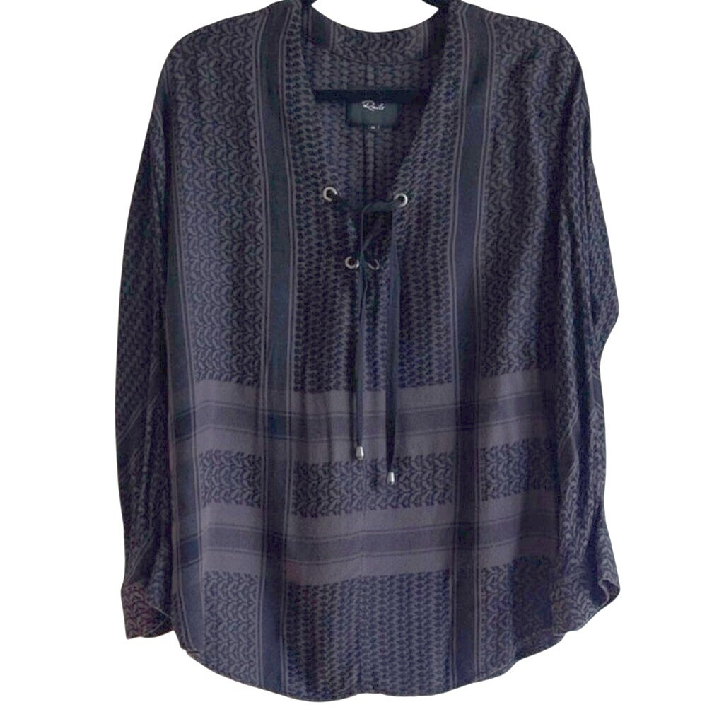 Rails Lily Onyx Jacquard Blouse Black Grey Womens XS Lace Up V-Neck Long Sleeve